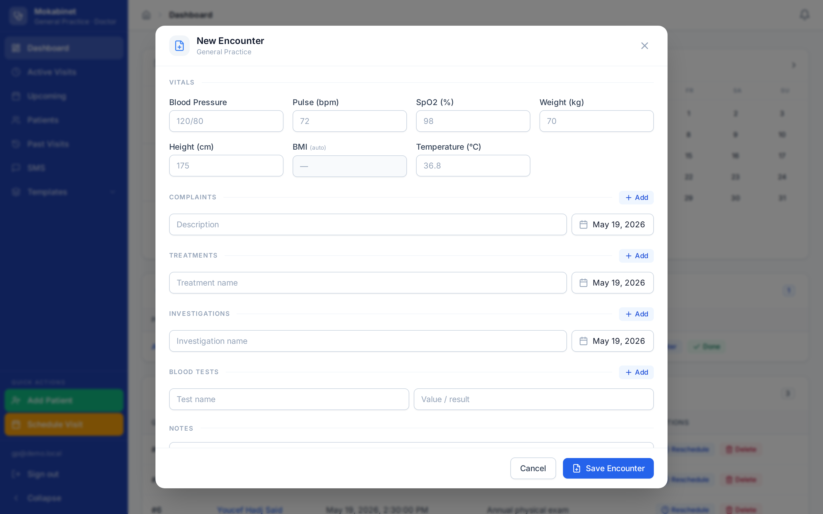 New encounter form with structured fields for vitals, complaints, treatments, investigations, and notes