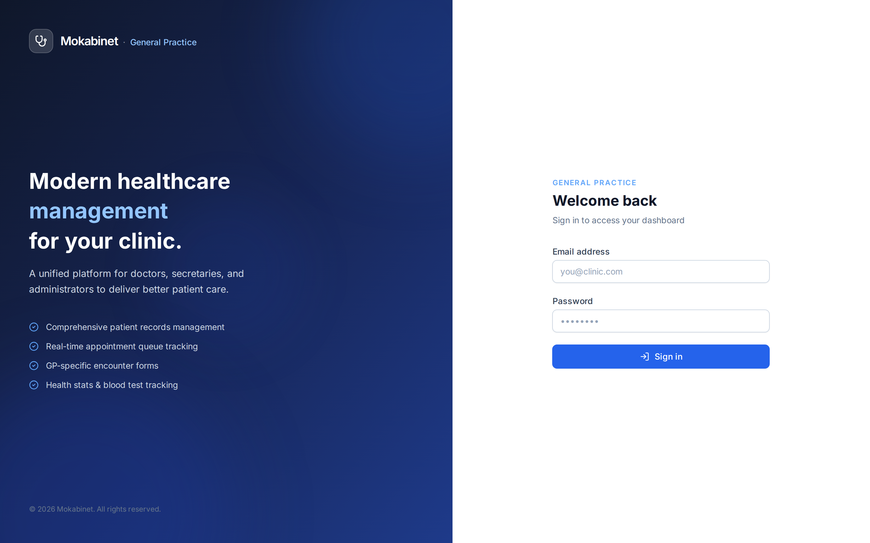 Specialty-branded sign-in screen for general practice