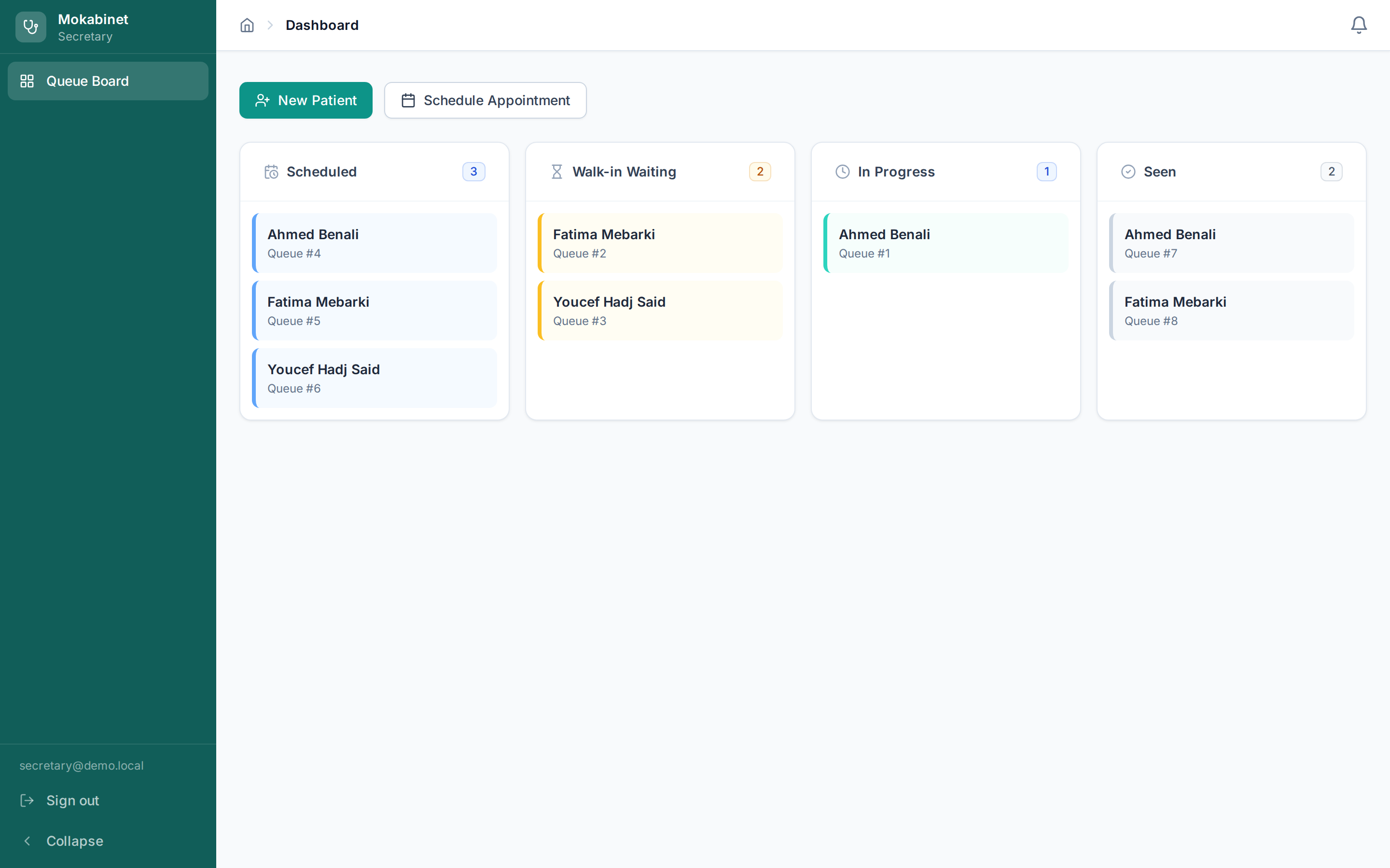 Real-time secretary queue board with scheduled, walk-in waiting, in progress, and seen columns